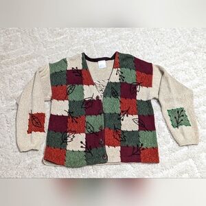 Knit Patchwork Pattern Embroidered Button Fall Sweater, Medium